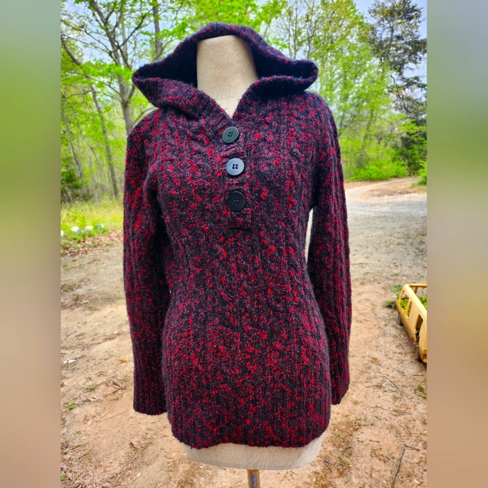 Edgy Cabelas hooded red and black knit sweater